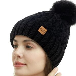 Women's Black Knit Beanie with Pom-Pom